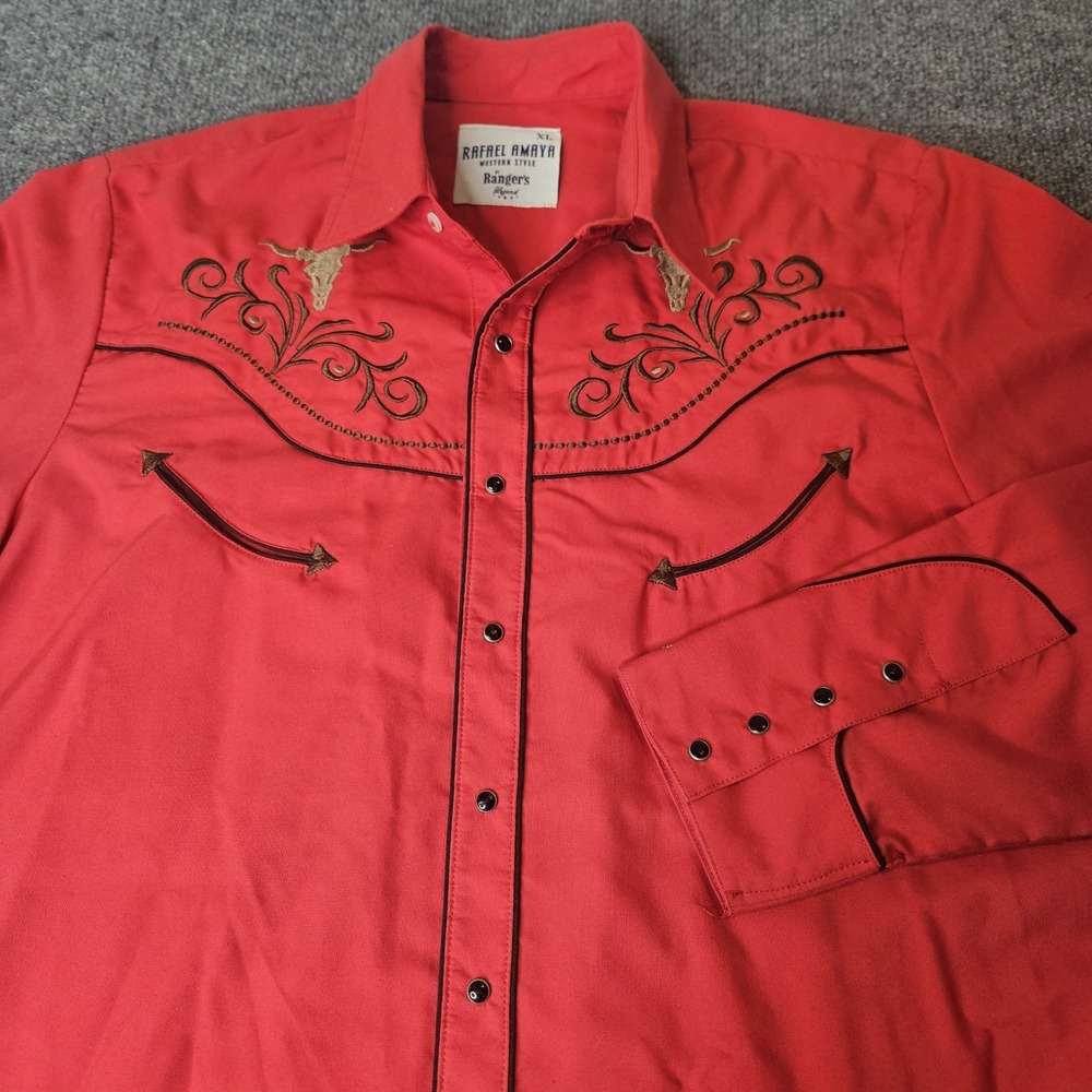 Rafael Amaya By Rangers Western Shirt  Size XL‎ Snap Front Embroidered Bulls Red